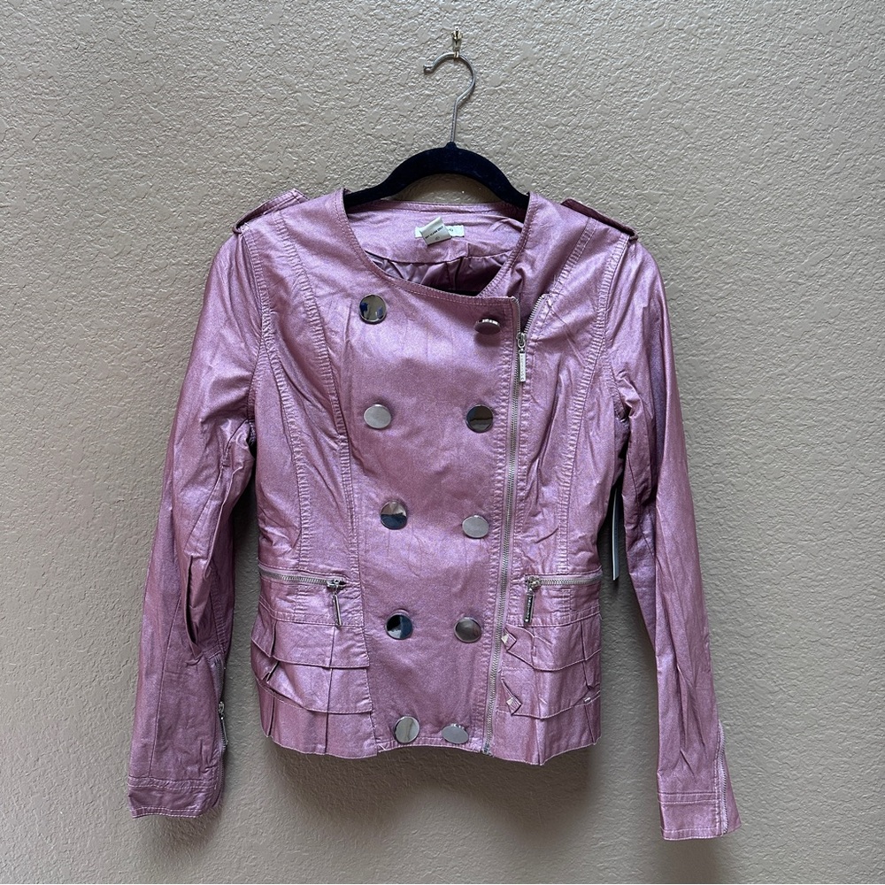 Vertigo Paris Pink vegan  Leather Jacket with Metallic Sheen | size small